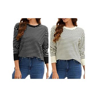 2 Packs Womens Striped Sweater Side Slits Knit Crew Neck Oversized Pullover Tops Fall Casual Outfits
