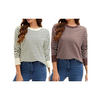 2 Packs Womens Striped Sweater Side Slits Knit Crew Neck Oversized Pullover Tops Fall Casual Outfits