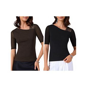 2 Packs Women's Half Sleeves Solid Color Stretchy Basic Top Slim Fit T-Shirts Tight Casual Tees