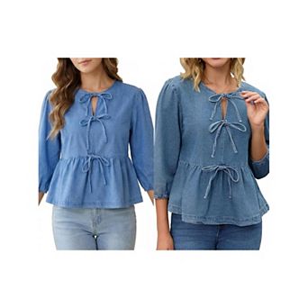 2 Packs Women Denim Tops Tie Front Puffy Sleeve Ruffle Hem Peplum Blouse Jean Shirts