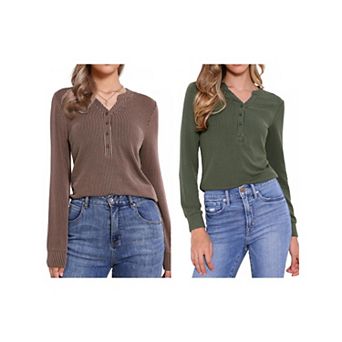 2 Packs Notched Collar Tops for Women Button Down Long Sleeves Wavy Lines Casual Top