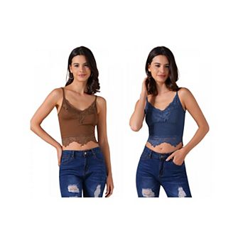 2 Packs Women's V Neck Sleeveless Lace Trim Y2K Cropped Tank Top