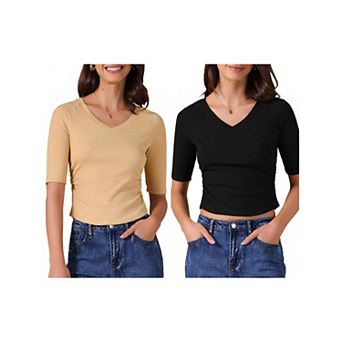 2 Packs Women's V Neck Shirt Short Sleeve Top Stretchy Lightweight Basic Casual T-Shirt Tops