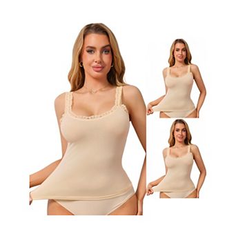 3 Packs Women's Slim-Fit Lace Trim Camisoles Ribbed U Neck Tank Top