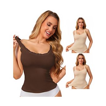 3 Packs Women's Slim-Fit Lace Trim Camisoles Ribbed U Neck Tank Top