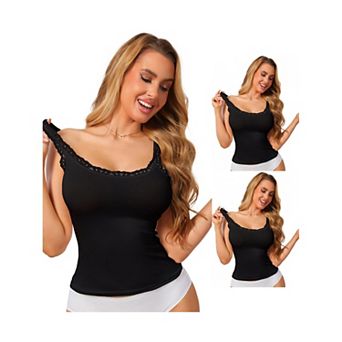 3 Packs Women's Slim-Fit Lace Trim Camisoles Ribbed U Neck Tank Top