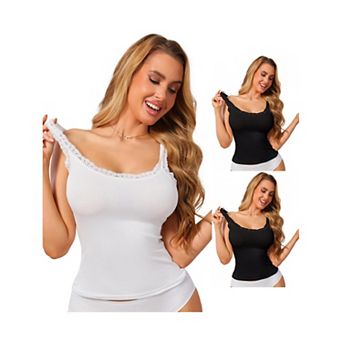 3 Packs Women's Slim-Fit Lace Trim Camisoles Ribbed U Neck Tank Top