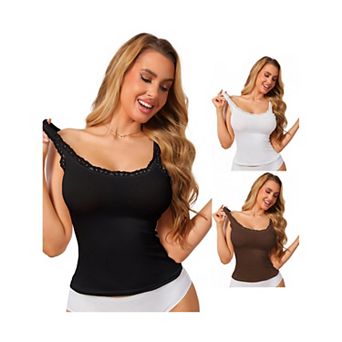 3 Packs Women's Slim-Fit Lace Trim Camisoles Ribbed U Neck Tank Top