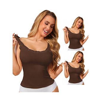 3 Packs Women's Slim-Fit Lace Trim Camisoles Ribbed U Neck Tank Top