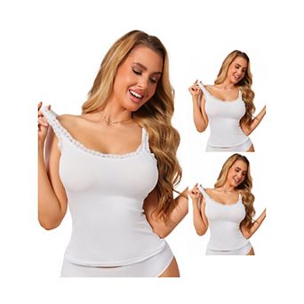 3 Packs Women's Slim-Fit Lace Trim Camisoles Ribbed U Neck Tank Top