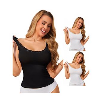 3 Packs Women's Slim-Fit Lace Trim Camisoles Ribbed U Neck Tank Top