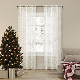 No. 918 Holly Embroidery 2-Pack Sheer Rod Pocket Curtain Panels