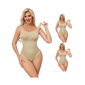 3 Packs Women's Lace Trim Bodysuits Square Neck Tummy Control Tank Tops Leotard Thong Bodyshaper