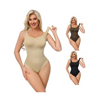 3 Packs Women's Lace Trim Bodysuits Square Neck Tummy Control Tank Tops Leotard Thong Bodyshaper