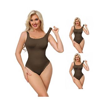 3 Packs Women's Lace Trim Bodysuits Square Neck Tummy Control Tank Tops Leotard Thong Bodyshaper