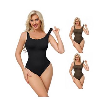 3 Packs Women's Lace Trim Bodysuits Square Neck Tummy Control Tank Tops Leotard Thong Bodyshaper