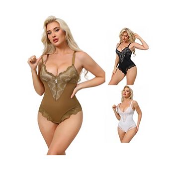3 Packs Women's Lace Shapewear Bodysuit VNeck Push Up Camisole Shapewear Tummy Control Thong Leotard