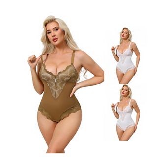 3 Packs Women's Lace Shapewear Bodysuit VNeck Push Up Camisole Shapewear Tummy Control Thong Leotard