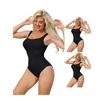 3 Packs Ribbed Shapewear Bodysuits for Women Square Neck Tank Tops Thong Sleeveless Bodyshaper