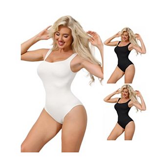 3 Packs Ribbed Shapewear Bodysuits for Women Square Neck Tank Tops Thong Sleeveless Bodyshaper