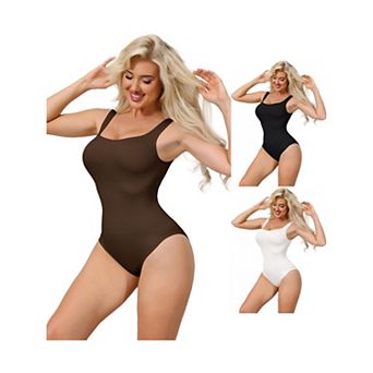 3 Packs Ribbed Shapewear Bodysuits for Women Square Neck Tank Tops Thong Sleeveless Bodyshaper