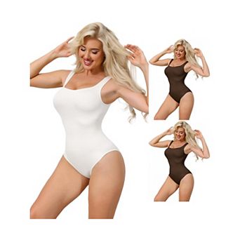 3 Packs Ribbed Shapewear Bodysuits for Women Square Neck Tank Tops Thong Sleeveless Bodyshaper