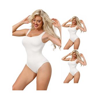 3 Packs Ribbed Shapewear Bodysuits for Women Square Neck Tank Tops Thong Sleeveless Bodyshaper