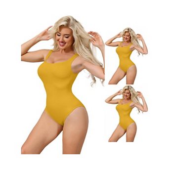3 Packs Ribbed Shapewear Bodysuits for Women Square Neck Tank Tops Thong Sleeveless Bodyshaper