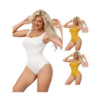 3 Packs Ribbed Shapewear Bodysuits for Women Square Neck Tank Tops Thong Sleeveless Bodyshaper
