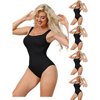 5 Packs Ribbed Shapewear Bodysuits for Women Square Neck Tank Tops Thong Sleeveless Bodyshaper