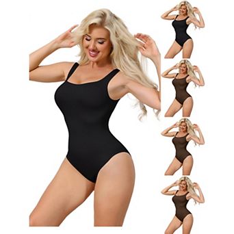 5 Packs Ribbed Shapewear Bodysuits for Women Square Neck Tank Tops Thong Sleeveless Bodyshaper