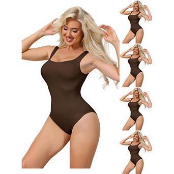 5 Packs Ribbed Shapewear Bodysuits for Women Square Neck Tank Tops Thong Sleeveless Bodyshaper