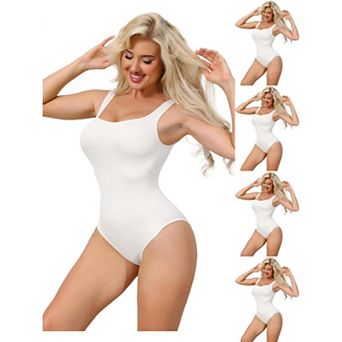 5 Packs Ribbed Shapewear Bodysuits for Women Square Neck Tank Tops Thong Sleeveless Bodyshaper