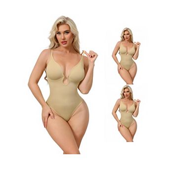 3 Packs Women's Deep V Shapewear Tummy Control Leotard Sleeveless Adjustable Straps Thong Bodysuits