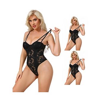 3 Packs Women's Mesh Lace Bodysuit Sheer Underwired Bustier Corset Shapewear Straps Thongs Leotard