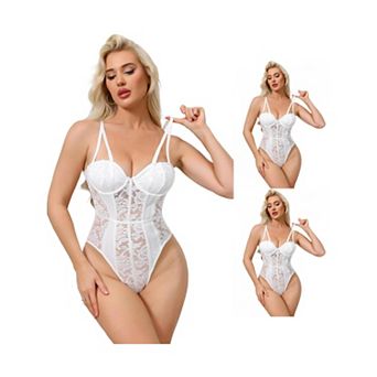 3 Packs Women's Mesh Lace Bodysuit Sheer Underwired Bustier Corset Shapewear Straps Thongs Leotard