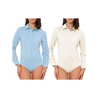 2 Packs Women's Button Down Shirt Bodysuit Long Sleeve Leotard Shirts Work Collared Bodysuits Top