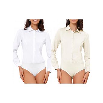 2 Packs Women's Button Down Shirt Bodysuit Long Sleeve Leotard Shirts Work Collared Bodysuits Top