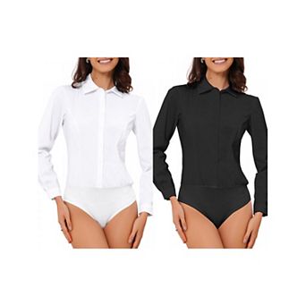 2 Packs Women's Button Down Shirt Bodysuit Long Sleeve Leotard Shirts Work Collared Bodysuits Top