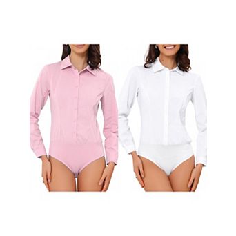 2 Packs Women's Button Down Shirt Bodysuit Long Sleeve Leotard Shirts Work Collared Bodysuits Top