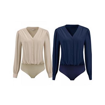 2 Packs Women's Button Down Bodysuit Long Sleeve V Neck Classic Business Work Shirt Top