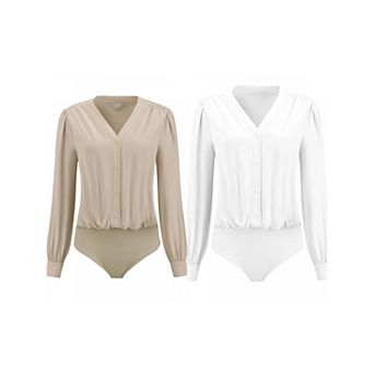 2 Packs Women's Button Down Bodysuit Long Sleeve V Neck Classic Business Work Shirt Top
