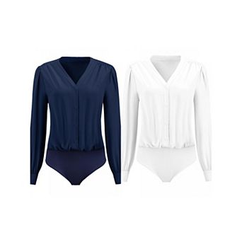 2 Packs Women's Button Down Bodysuit Long Sleeve V Neck Classic Business Work Shirt Top