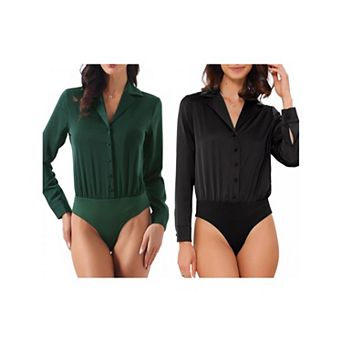 2 Packs Button Up Leotard Shirt for Women's Satin Long Sleeve Notched Lapel Business Work Bodysuit