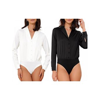 2 Packs Button Up Leotard Shirt for Women's Satin Long Sleeve Notched Lapel Business Work Bodysuit