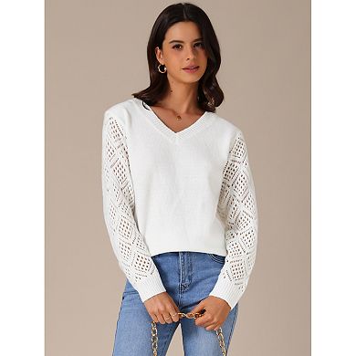 2 Packs Women's Sweaters V Neck Knit Crochet Hollow Out Long Sleeve Pullover Sweater Top