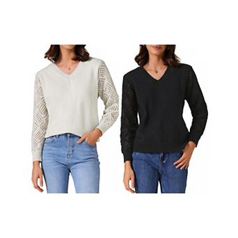 2 Packs Women's Sweaters V Neck Knit Crochet Hollow Out Long Sleeve Pullover Sweater Top