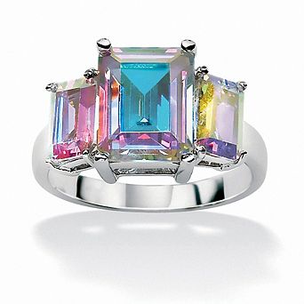 5.60 ct w. Emerald-Cut Aurora Borealis Cubic Zirconia Platinum-Plated Ring