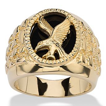 Men's Oval-Shaped Genuine Onyx 14k Gold-Plated Eagle Ring
