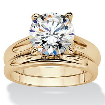 3 ct w Round Cubic Zirconia 14k Gold-Plated Solitaire Wedding Ring Set